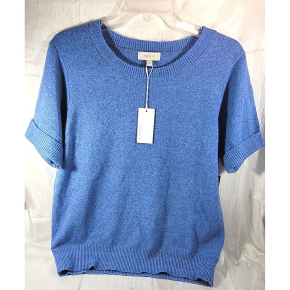 Matty M Women's Short Sleeve Round Neck Sweater - Blue - Medium